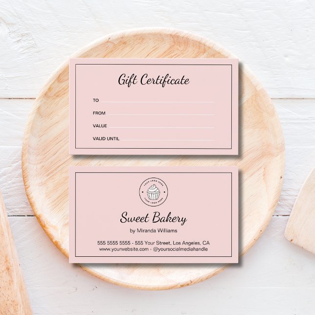 Certificado de regalo rosa de panadería con logoti (Bakery Custom Logo Pink Business Gift Certificate)