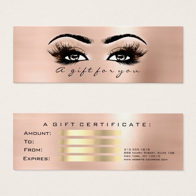 Certificado de regalo Rosa Oro Lashes Maquillaje (Anverso y reverso)