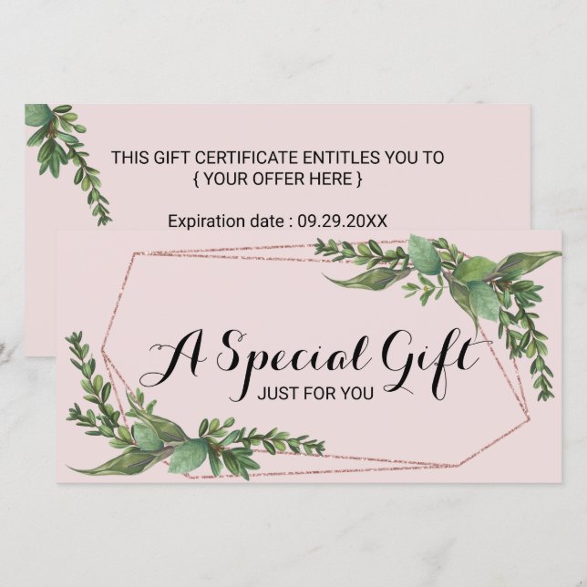 Certificado de regalo rosa Rubor de vegetación bot (Anverso / Reverso)