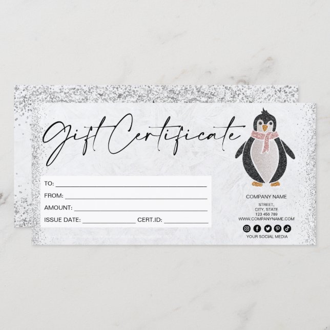 certificado de tarjeta de regalo de pingüino purpu (Anverso / Reverso)