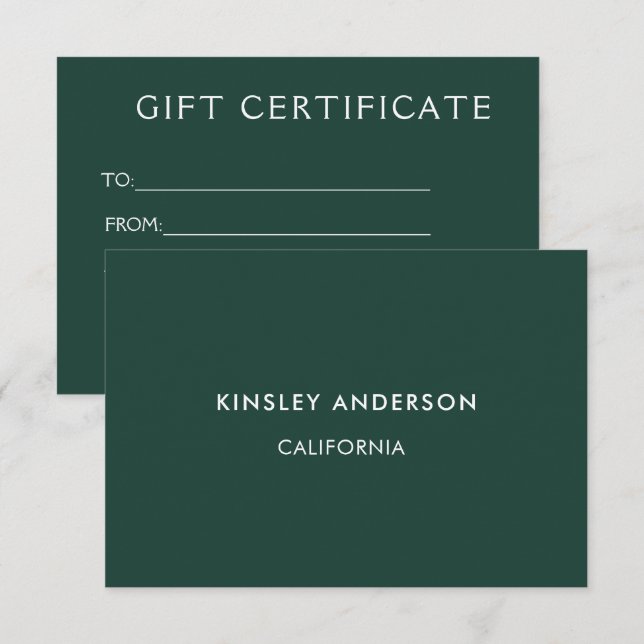 Certificado minimalista de regalo verde esmeralda  (Anverso / Reverso)