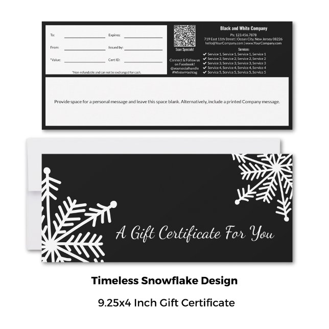 Certificado mínimo de regalo de copo de nieve blan (9.25x4 Inch, Minimal Black White Snowflake Gift Certificate Cards)