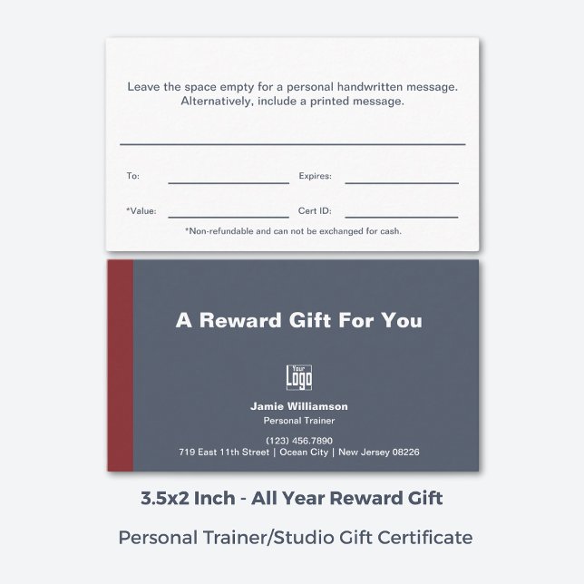 Certificado mínimo de regalo de recompensa de entr (3.5x2 Inch, Minimal Personal Trainer Reward Gift Certificate, Grey, White, Red)
