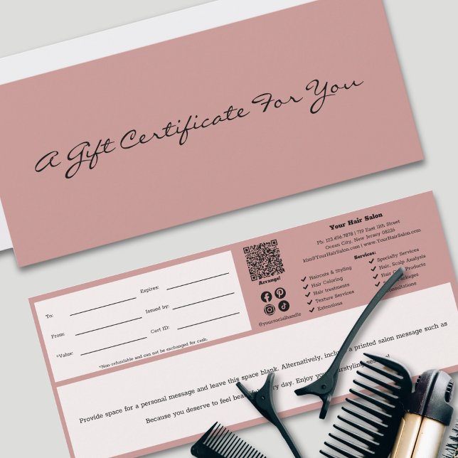 Certificado mínimo de regalo negro rosado profesio (Minimal Professional Pink Black Gift Certificate, Small Business List, QR Code, Note, Tracking ID )