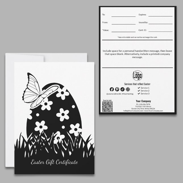 Certificado moderno de regalo de Pascua para peque (Modern Easter Small Business Gift Certificate, Easter Egg in Meadow with Butterfly, Build Loyalty)