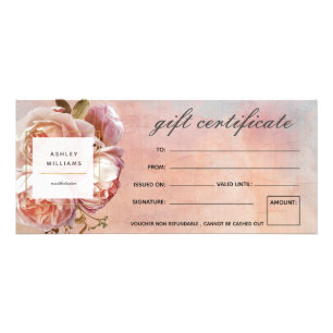Certificado moderno de regalo de peones rosados bo