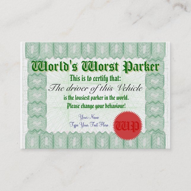 Certificado peor del premio del estacionamiento de (Anverso)