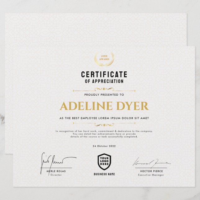 Certificado | Plantilla de Premio a los Logotipos  (Anverso / Reverso)