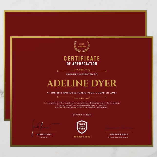 Certificado | Plantilla de Premio a los Logotipos  (Anverso / Reverso)