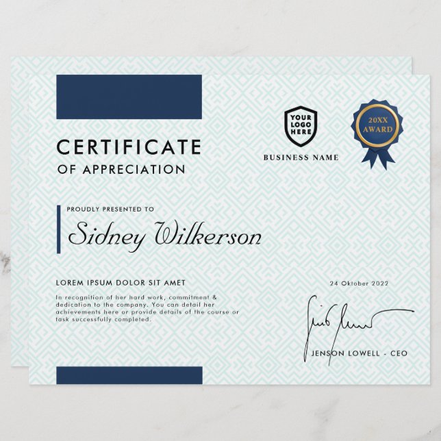 Certificado | Plantilla de Premio a los Logotipos  (Anverso / Reverso)