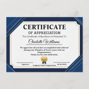 Certificado Profesional de Agradecimiento Azul Oro