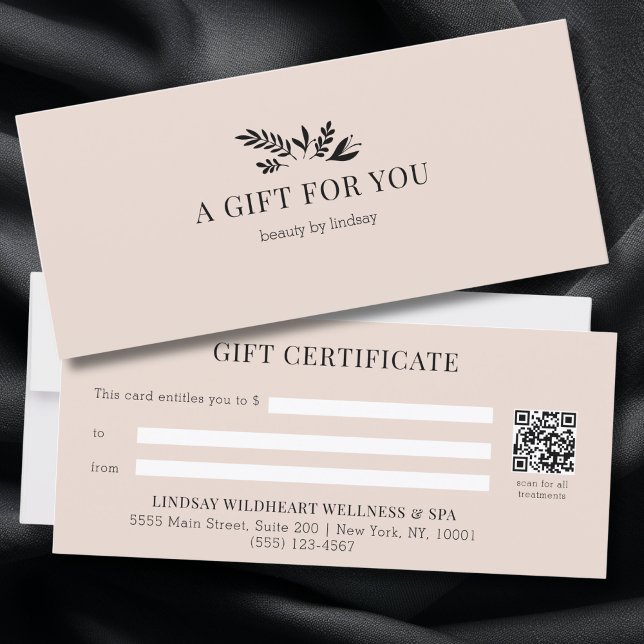 Certificados de regalo de código QR botánico beige (Minimal Beige - Blush Botanical Salon QR Code Business Gift Certificates)