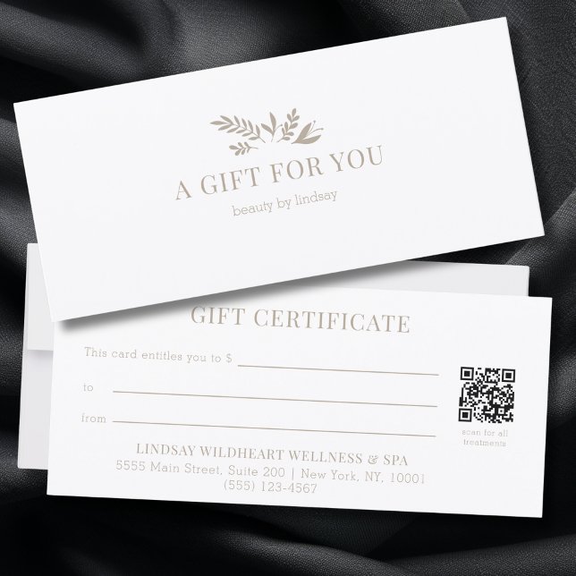 Certificados de regalo de código QR botánico blanc (Minimal White Botanical Salon QR Code Business Gift Certificates)