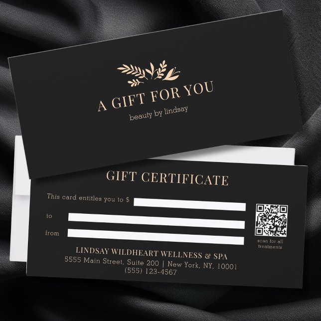 Certificados de regalo de código QR botánico negro (Minimal Black Botanical Salon QR Code Business Gift Certificates)