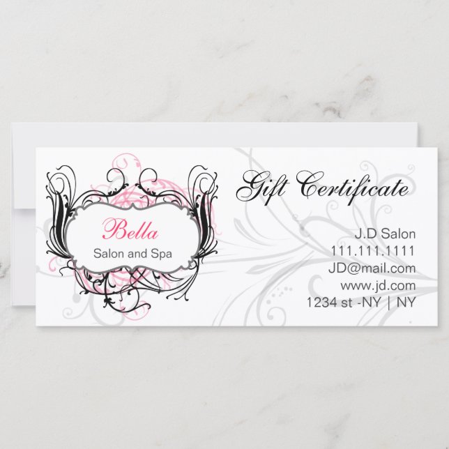 Certificados de regalo de Moda rosa, negra y blanc (Anverso)