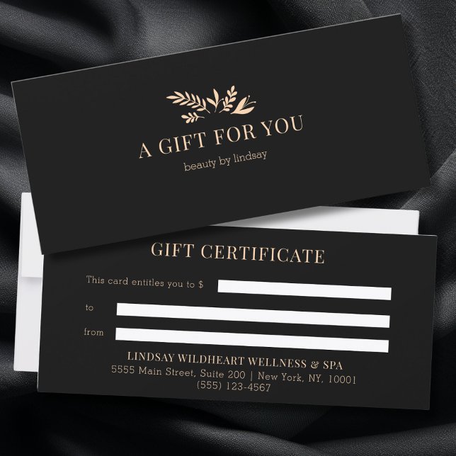 Certificados de regalo de negocios botánicos negro (Minimal Black Botanical Custom Salon Business Gift Certificates)