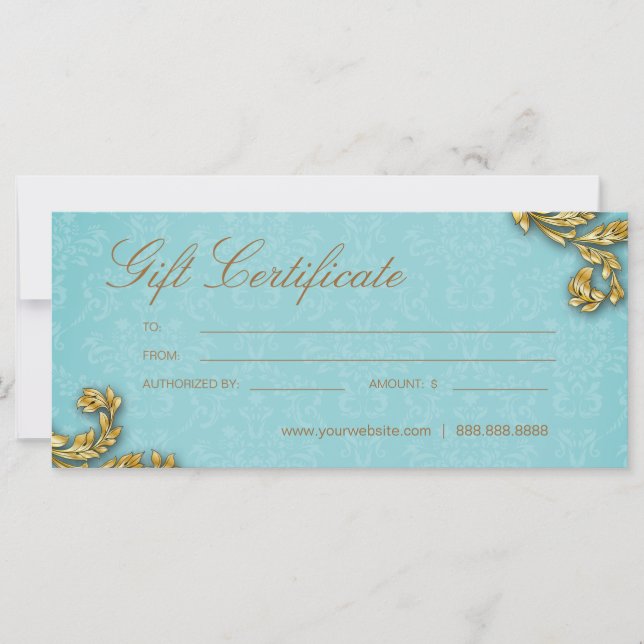 Certificados de regalo Salon Spa Gold Leaf Blue (Anverso)