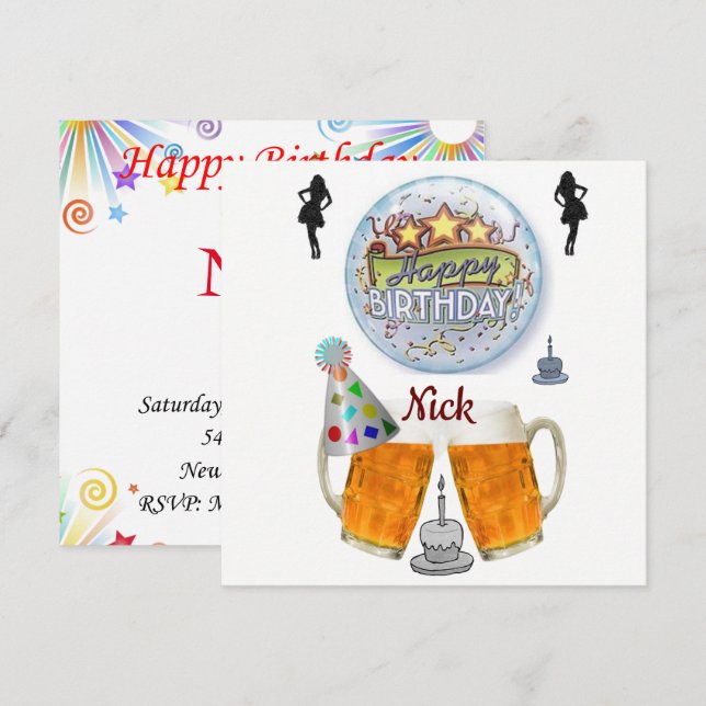 Cerveza de invitación a la tarjeta de cumpleaños f (Anverso / Reverso)