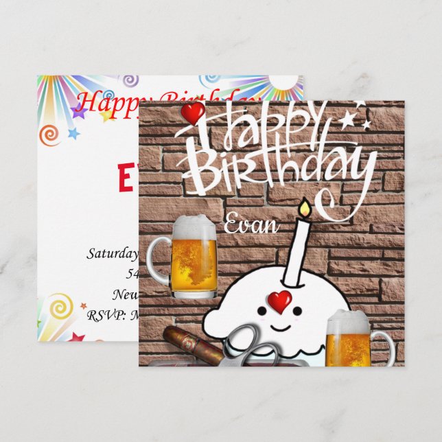 Cerveza de invitación a la tarjeta de cumpleaños f (Anverso / Reverso)