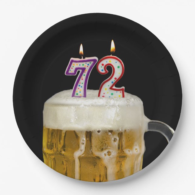 Cerveza del cumpleaños 72 en plato de papel negro (Anverso)
