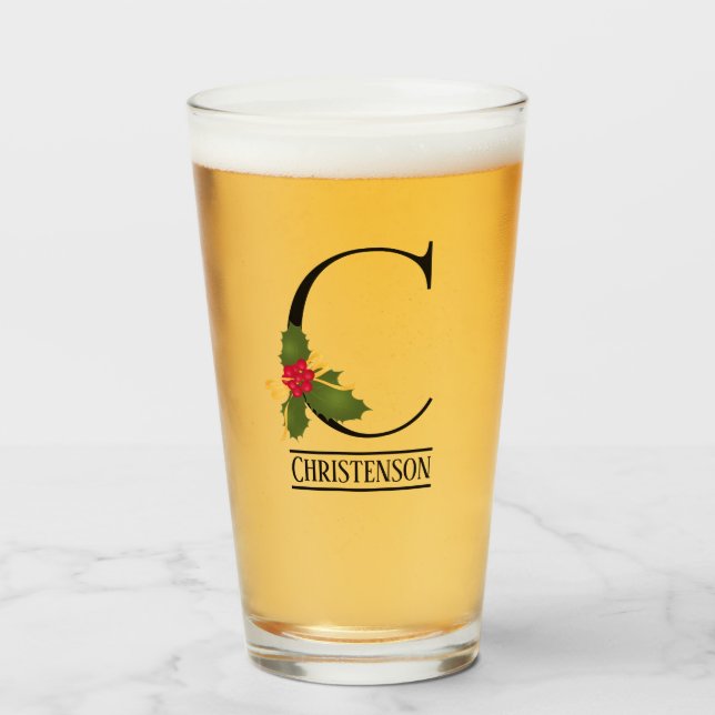 Cerveza personalizada Holiday Holly Monograma C (Anverso (lleno))