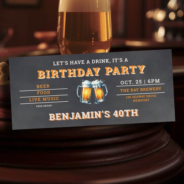 Cerveza temática Cervecería 40 años negro masculin (men's 40th birthday party invitation beer themed brewery backyard oktoberfest black)