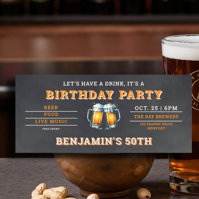 Cerveza temática Cervecería 50 años negro masculin (men's 50th birthday party invitation beer themed brewery backyard oktoberfest chalk board)