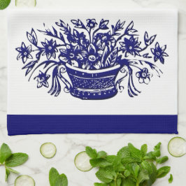Cesta de flores de época con toalla de cocina azul