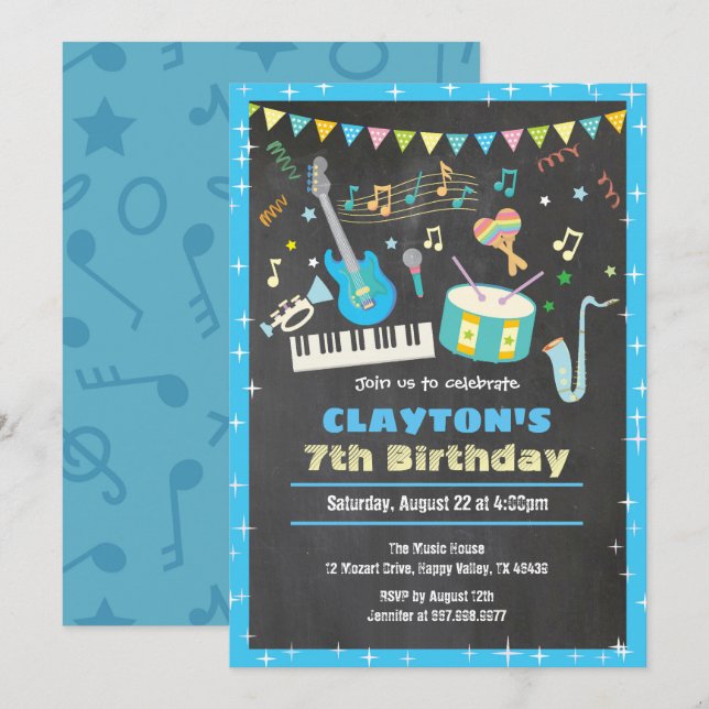 Chalet de invitación de cumpleaños de música chico (Anverso / Reverso)
