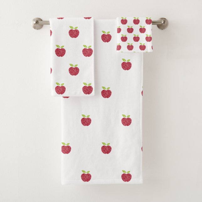 CHALKBOARD APPLE RED WHITE BATHROOM TOWEL SET (In situ)