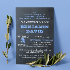Chalkboard Blue B"H Bar Mitzvah Invitación
