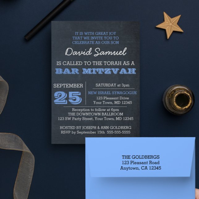 Chalkboard Blue Bar Mitzvah Invitación (Subido por el creador)