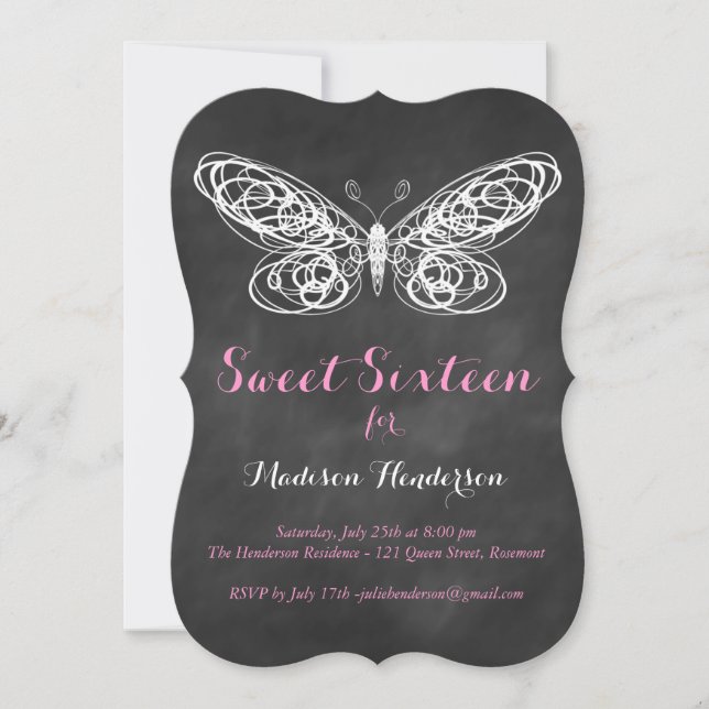 Chalkboard Butterfly Sweet 16 Invitaciones (Anverso)