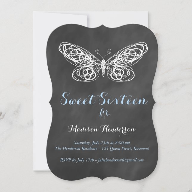 Chalkboard Butterfly Sweet 16 Invitaciones (Anverso)