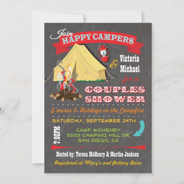 Chalkboard Camping Parejas Ducha Invitaciones (Anverso)
