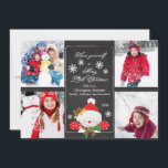 Chalkboard Cute Snowman 4 Tarjeta de felicitación<br><div class="desc">Popular y de moda tarjeta de felicitación con fotos de navidades de vacaciones para cuatro fotos familiares con un lindo muñeco de nieve con un gorra rojo y mitones rojos rodeados de copos de nieve dispersos en una elegante pizarra negra de moda y moda. Cuidada tarjeta de navidades pequeños para...</div>