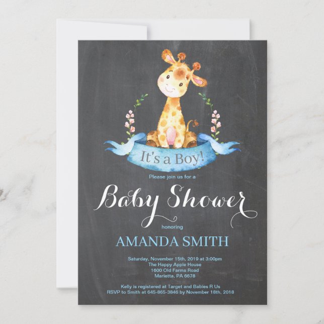 Chalkboard de invitación a Chico Giraffe Baby Show (Anverso)