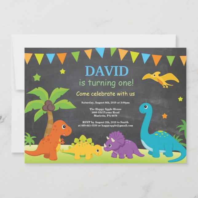 Chalkboard Dinosaur Invitación de cumpleaños Fiest (Anverso)