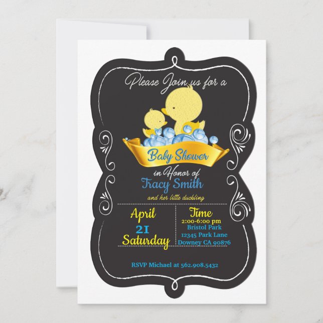 Chalkboard Duck Baby ducha invitación (Anverso)