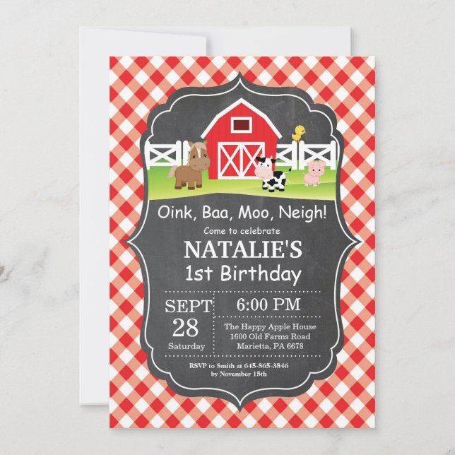 Chalkboard Farm Birthday Invitación a Barnyard Fie (Anverso)