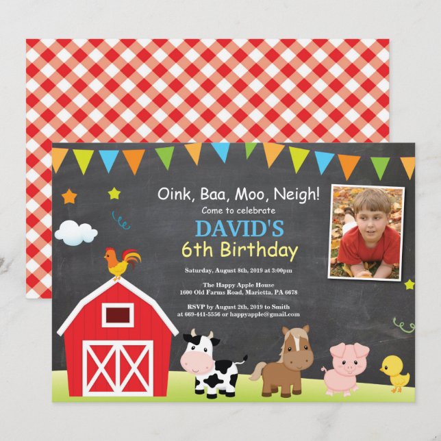 Chalkboard Farm Birthday Invitación a Barnyard Fie (Anverso / Reverso)
