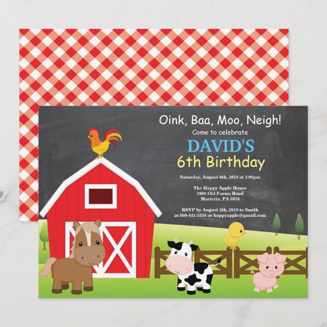 Chalkboard Farm Birthday Invitación a Barnyard Fie (Anverso / Reverso)