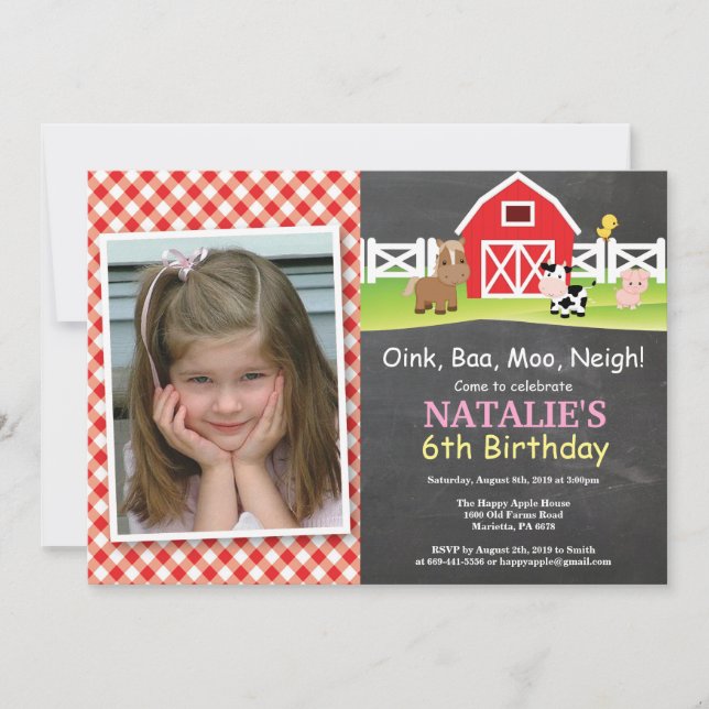 Chalkboard Farm Birthday Invitación a Barnyard Fie (Anverso)
