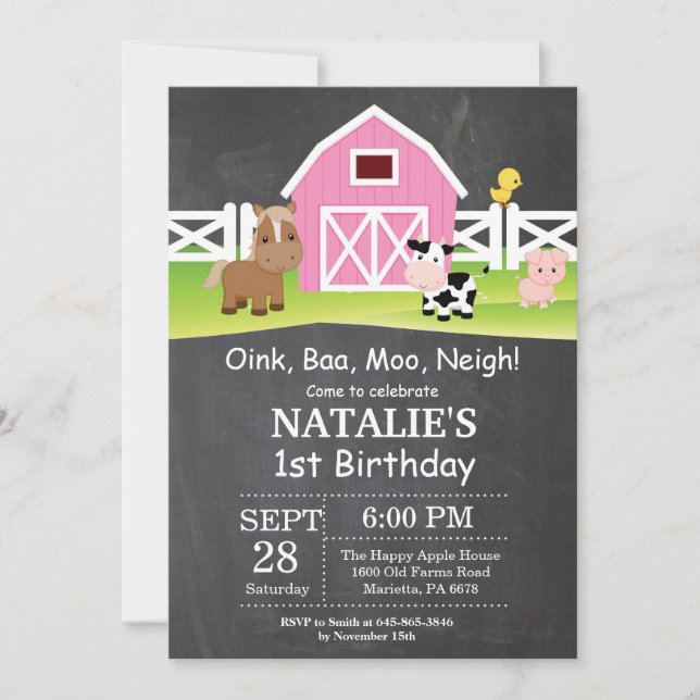 Chalkboard Farm Birthday Invitación a Barnyard Fie (Anverso)