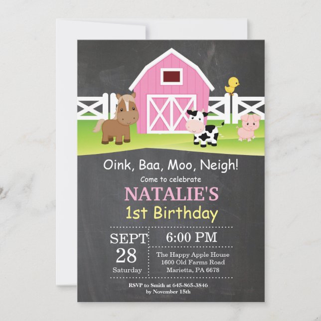 Chalkboard Farm Birthday Invitación a Barnyard Fie (Anverso)