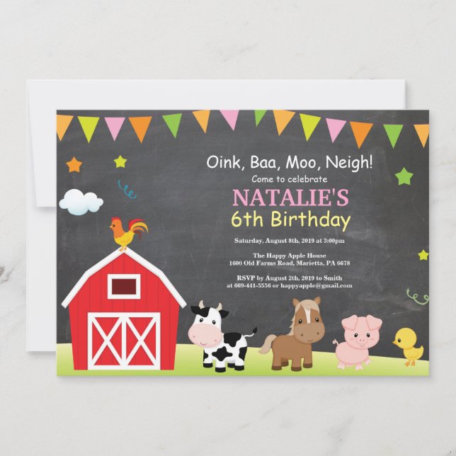 Chalkboard Farm Birthday Invitación a Barnyard Fie (Anverso)