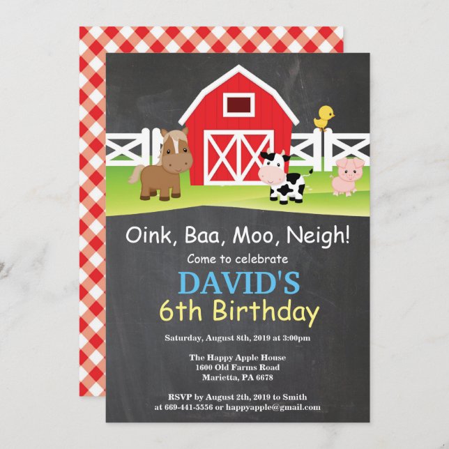 Chalkboard Farm Birthday Invitación a Barnyard Fie (Anverso / Reverso)