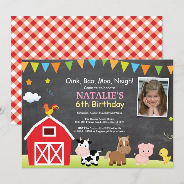 Chalkboard Farm Birthday Invitación a Barnyard Fie (Anverso / Reverso)