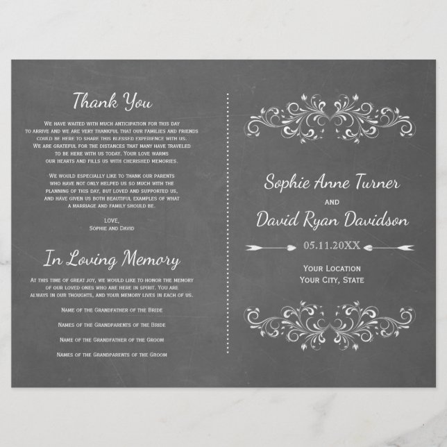 Chalkboard Flourish y Swirl | Programa de bodas (Anverso)