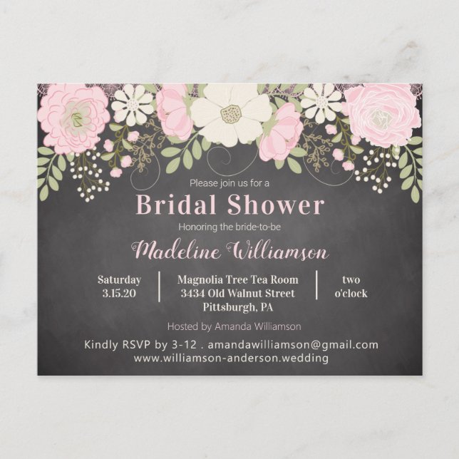 Chalkboard & Flowers Bridal Shower Invitación (Anverso)